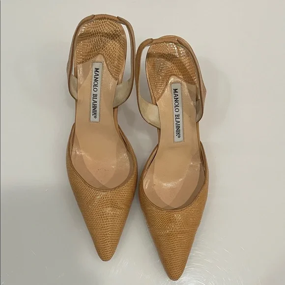 Manolo Blahnik tan snakeskin slingback Heels - Picture 2 of 4